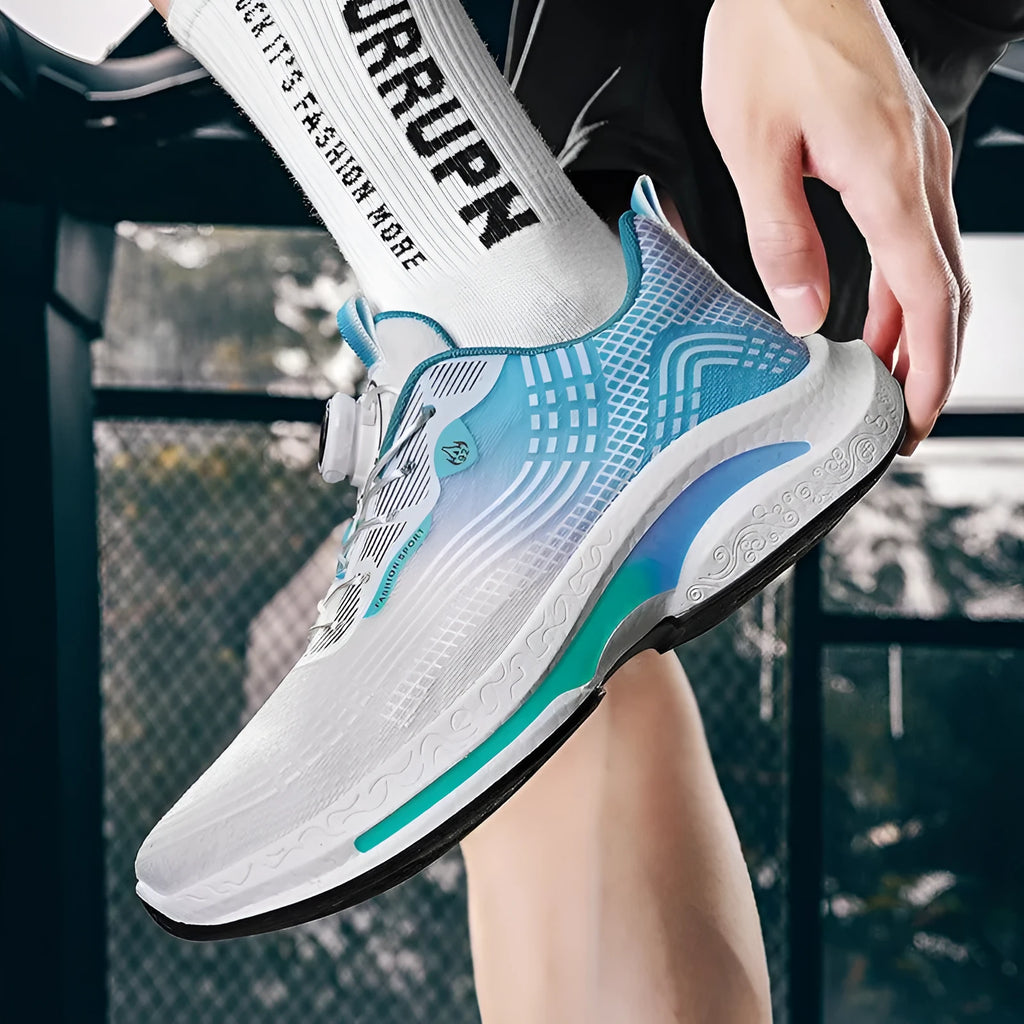 Men's white and blue low-top mesh sneaker with a rotating buckle closure and rubber sole.