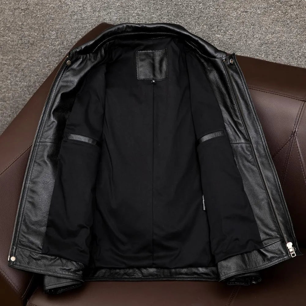 Men's black retro-style leather jacket with side pockets showing loose fit design