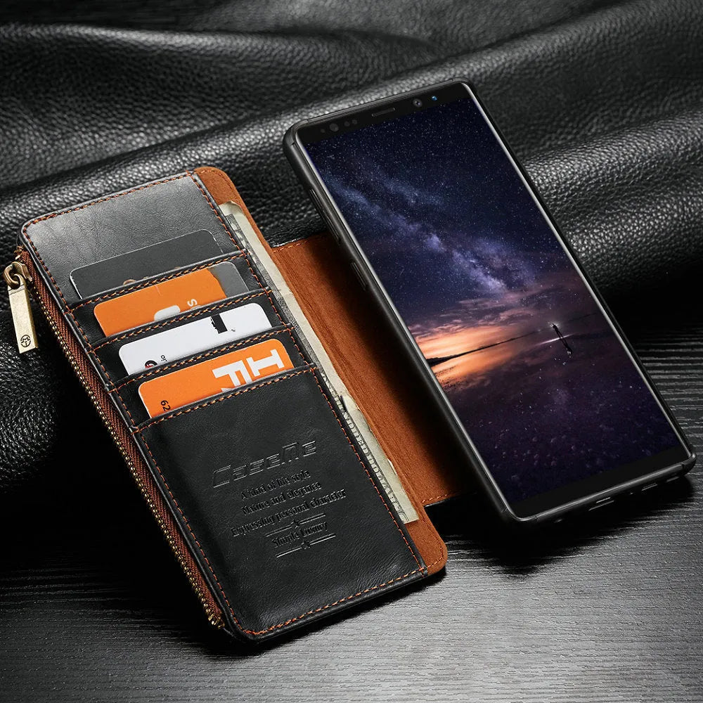 Black leather flip phone case for Samsung Galaxy Note9 showing front and back views