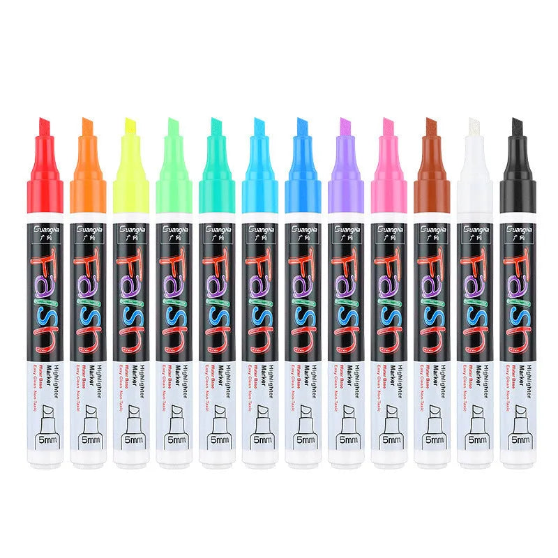 Electronic fluorescent board highlighter with oblique plastic body and 6mm tip, shown with multi-colour refills.