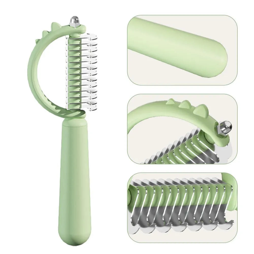 Dinosaur-shaped self-cleaning cat brush with double-sided stainless steel pins on blue handle