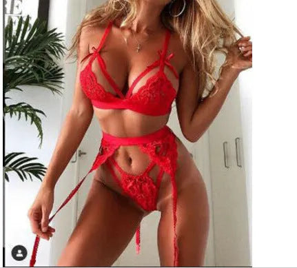 Red and white lace lingerie set made from polyester fabric in sizes small to extra-large