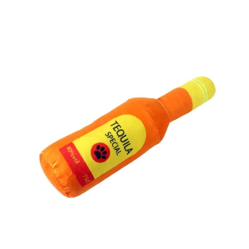 Plush wine bottle shaped dog toy in assorted colours with soft textile material