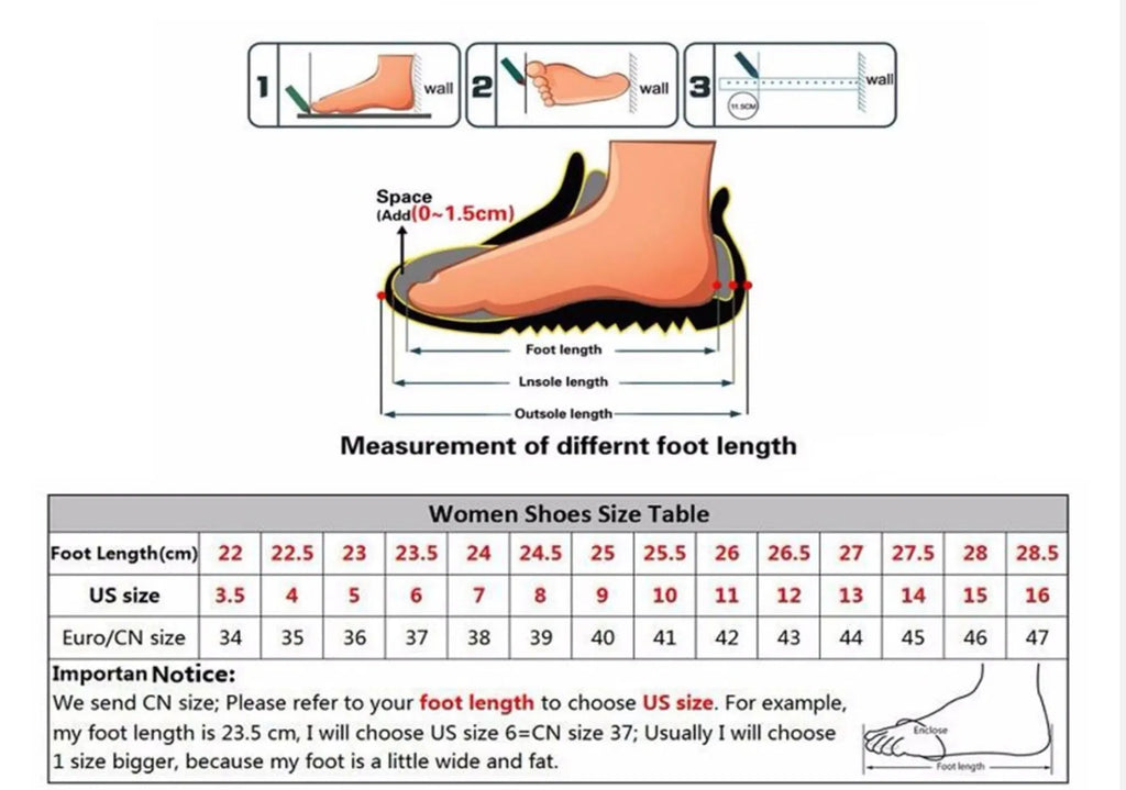 Women's pointed toe sandals with stiletto heels, diamond detail on PVC upper, shown on a size chart.