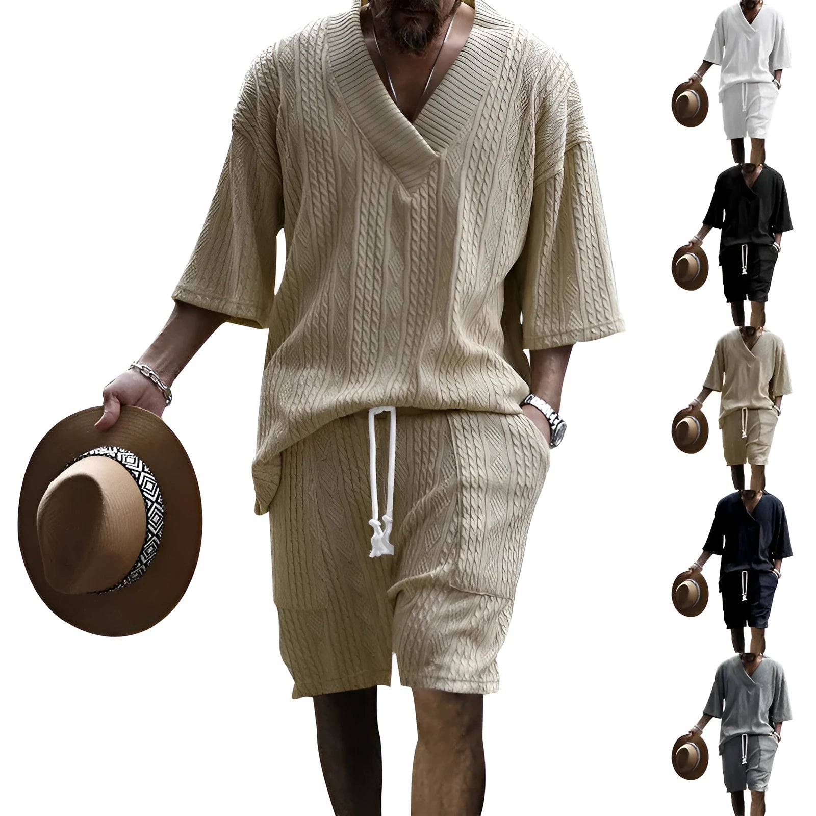 Men's casual jacquard suit set with V-neck short-sleeved T-shirt and drawstring pocket shorts in khaki