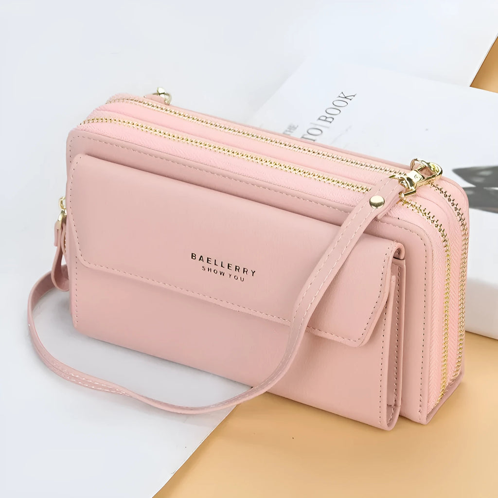Red soft PU leather ladies wallet with double zippers, shown as a diagonal messenger bag.