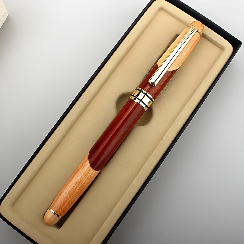 Wooden barrel fountain pen with brass metal components and included pen sleeve
