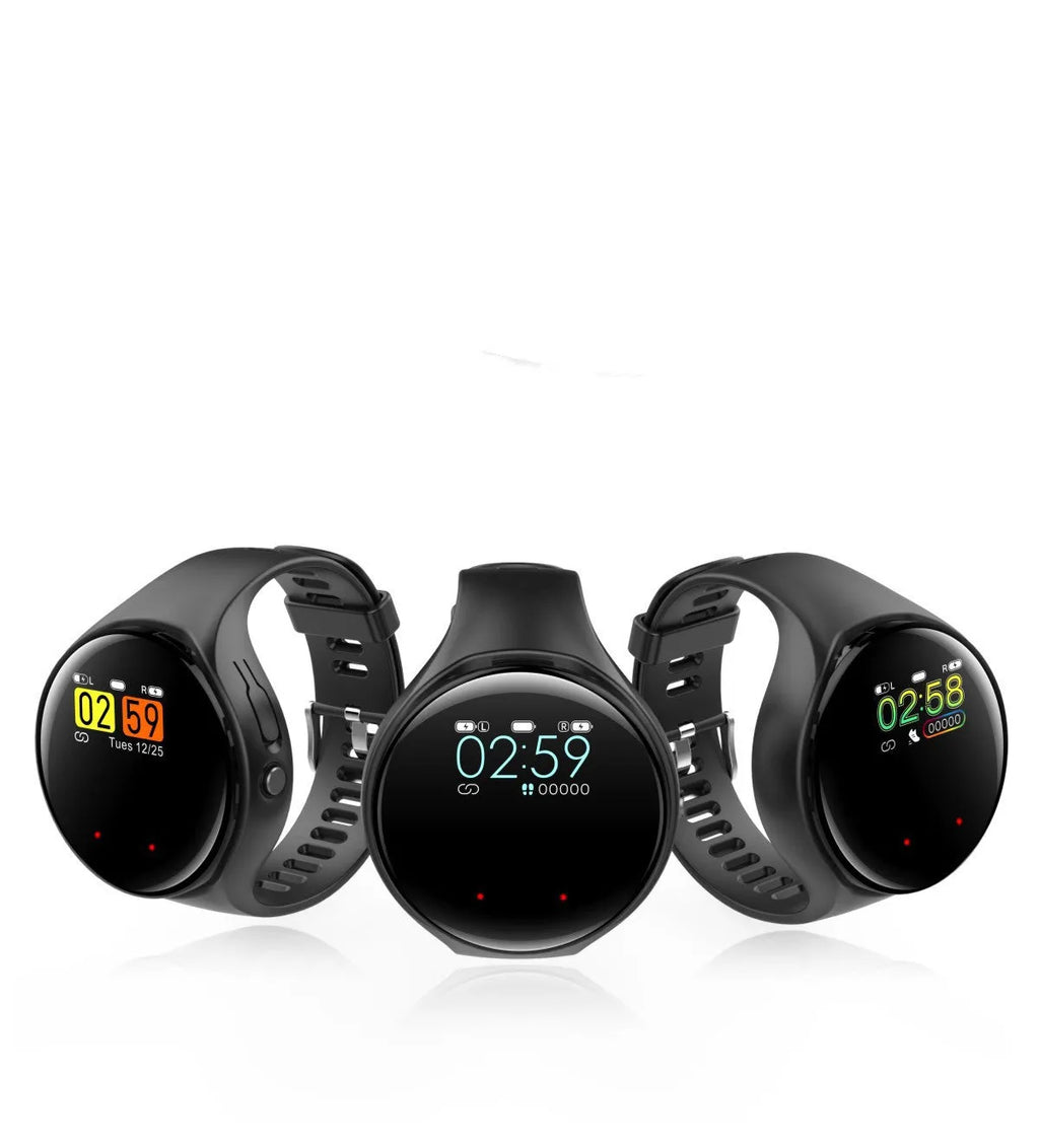 Black detachable Bluetooth headset and smart bracelet combo with colour screen for heart rate and step tracking.