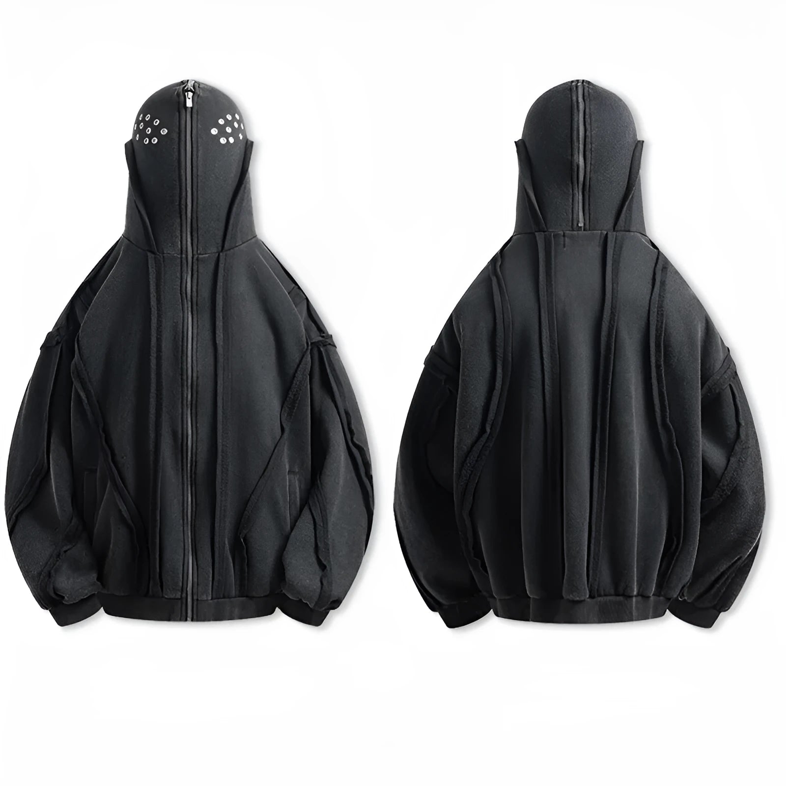 Man wearing a loose black zip-up hooded coat with a padded lining.
