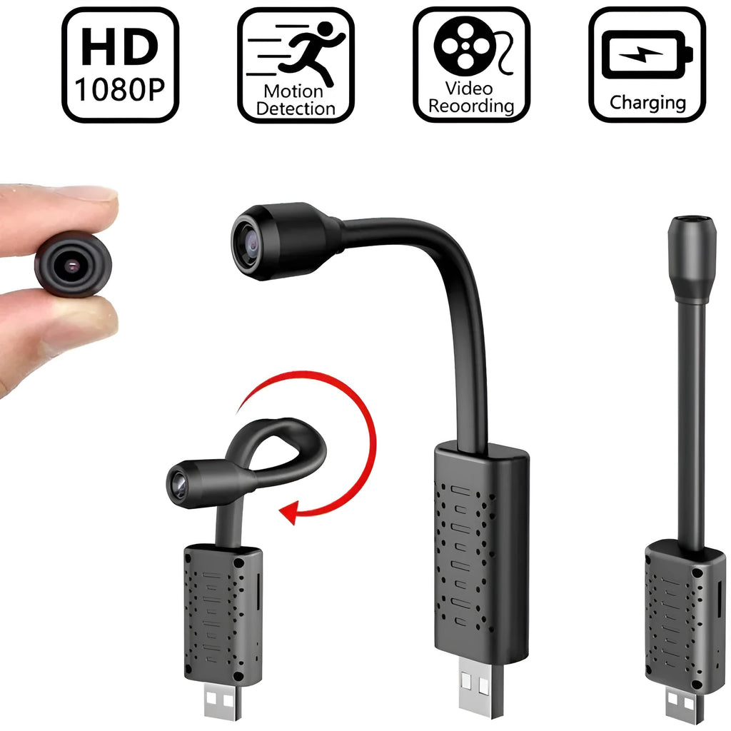 Black V380 wireless USB security camera showing front view and compact rectangular shape.