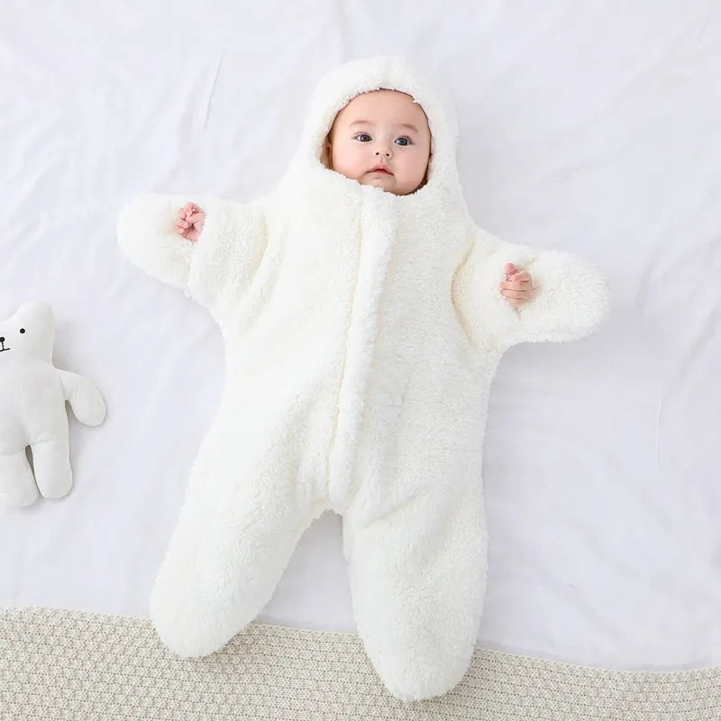 Lambskin velvet baby sleeping bag with hood and zipper in pink colour for newborn winter travel
