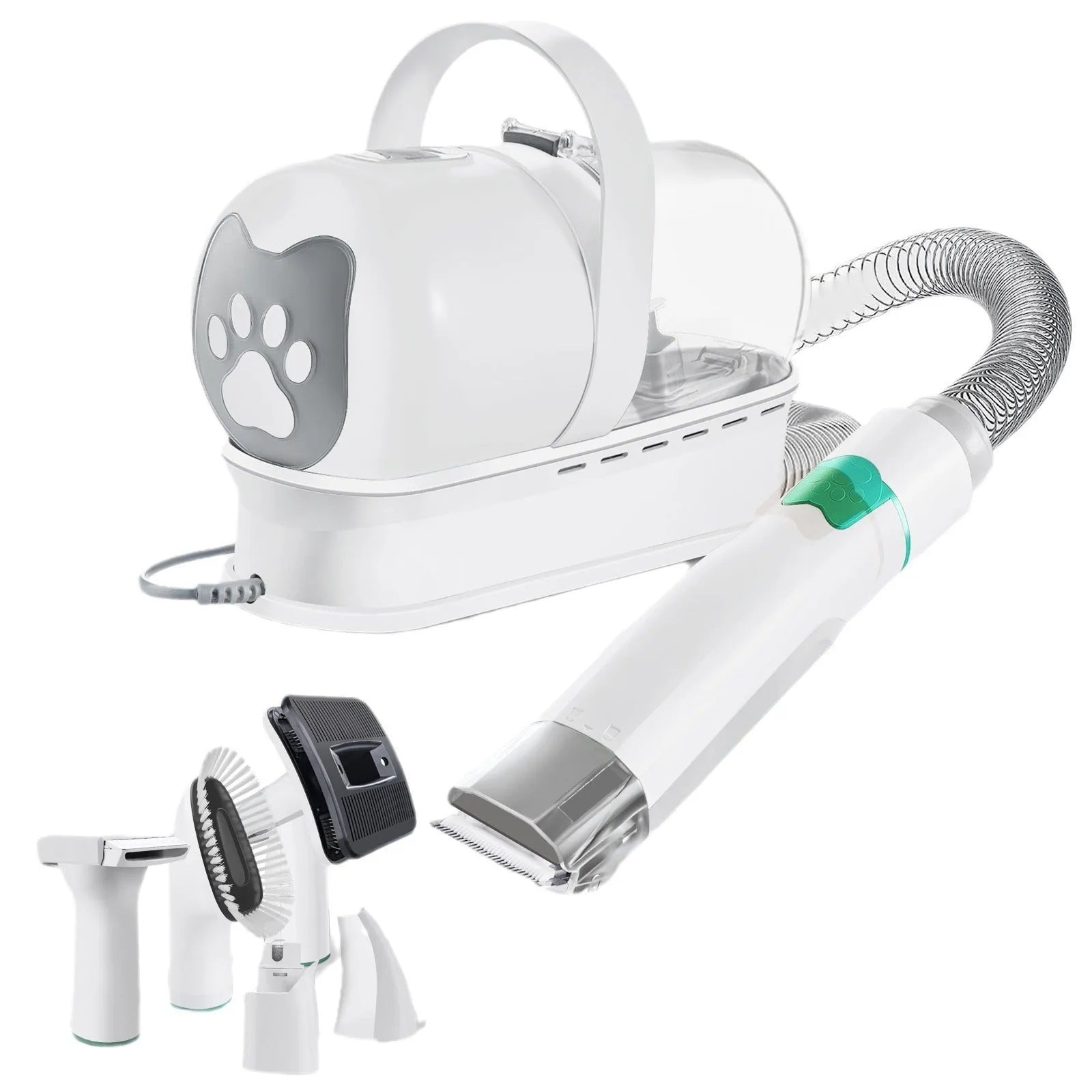 White cordless vacuum pet grooming device with multiple attachment heads for dog coat trimming
