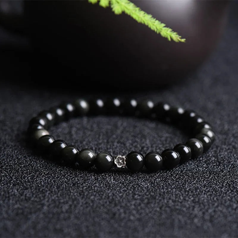 Natural black obsidian bracelet with S925 silver flower accessories and constellation dragon phoenix decorations