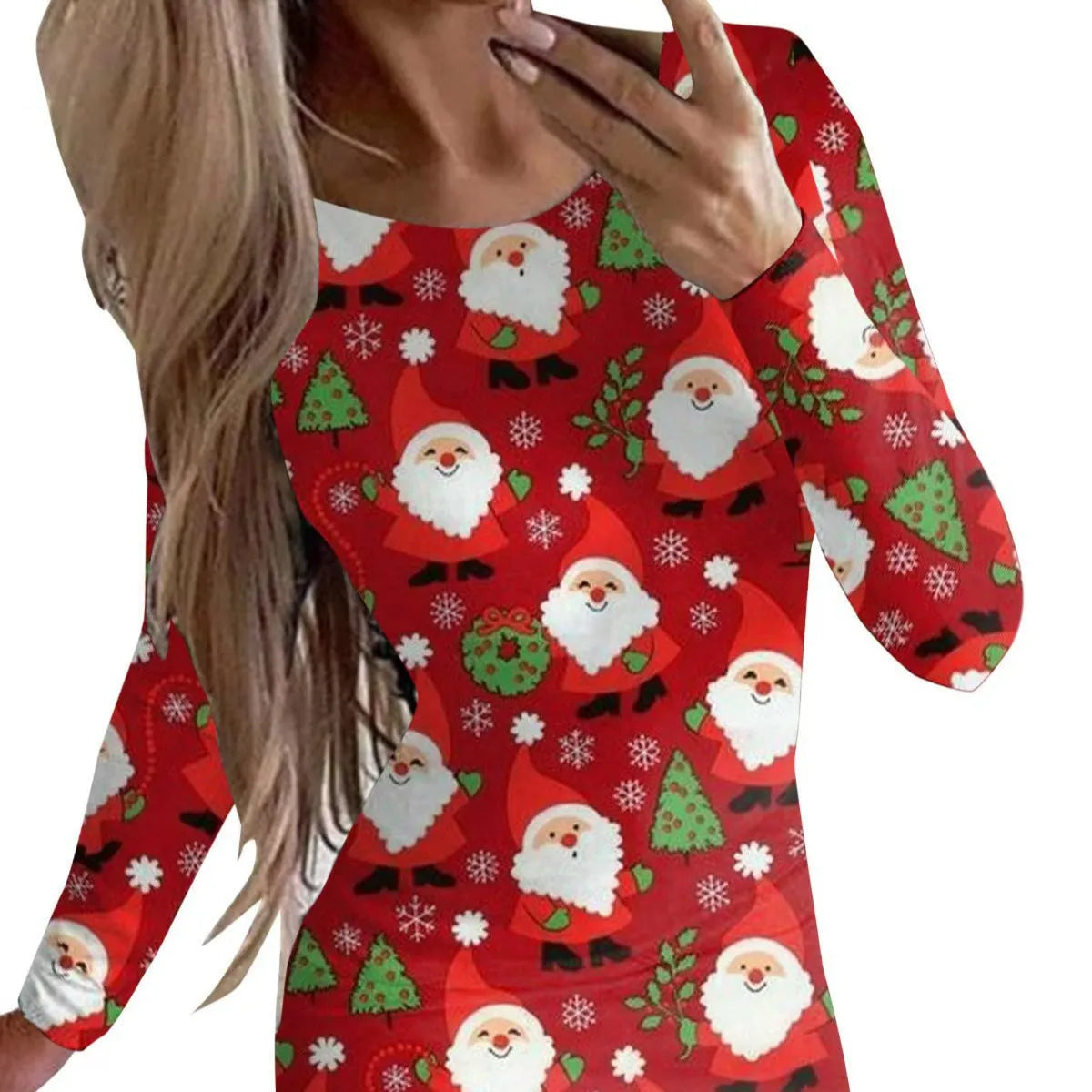 Women's red Christmas dress with animal print, long sleeves, round neck, and a short hip-length skirt.
