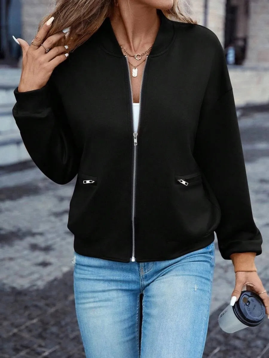 Black women's long sleeve zip jacket with faux pockets for casual autumn winter wear.