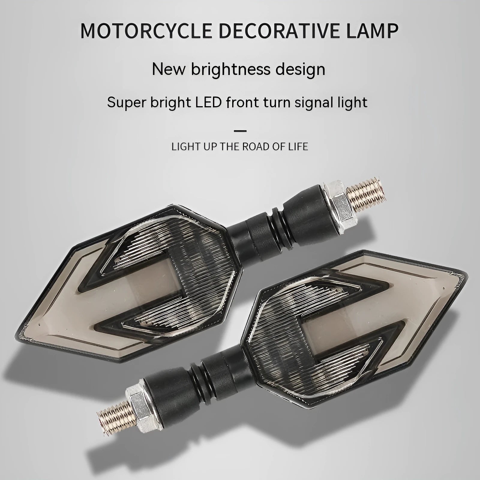 Arrow-shaped LED motorcycle turn signal indicator light with 12V connector.