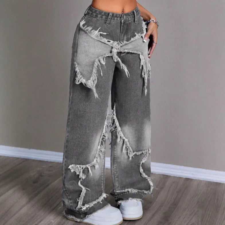 Retro star patchwork heavy wash high-waist wide-leg women's jeans in gray