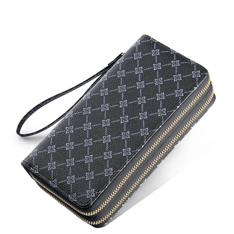 Long black PU leather wallet clutch with phone slot, card holders, and zippered coin purse