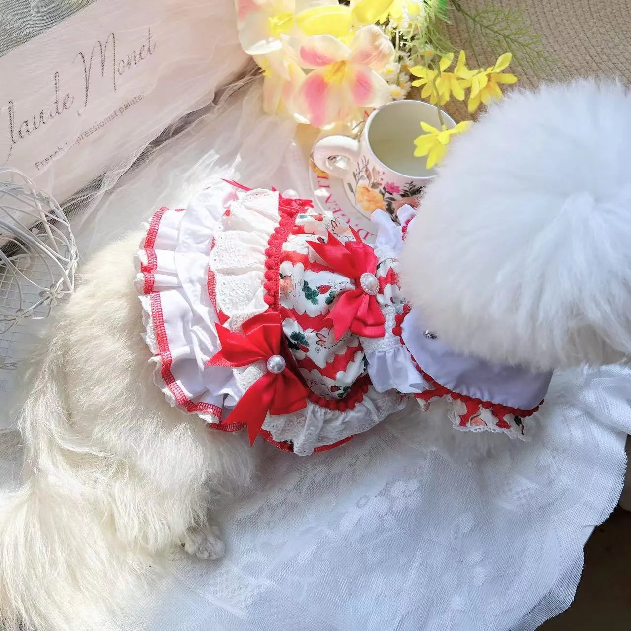 Small white dog wearing a princess-style rabbit skirt costume made of polyester fabric.