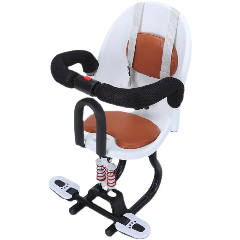 Front-mounted child seat for a battery scooter with a black high carbon steel frame.
