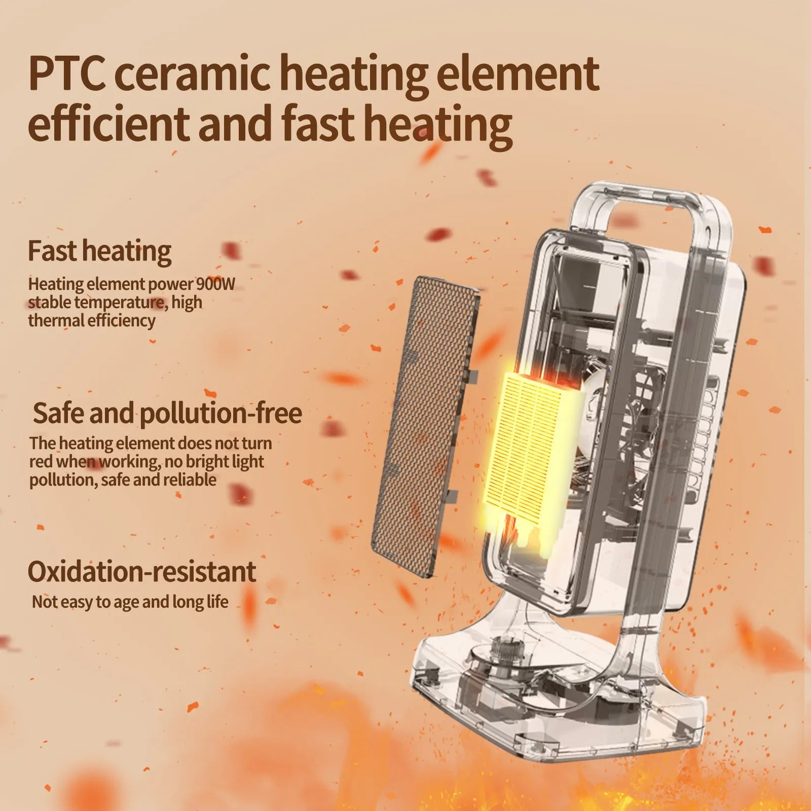 Black compact PTC ceramic desktop air heater with control knob on a wooden desk.
