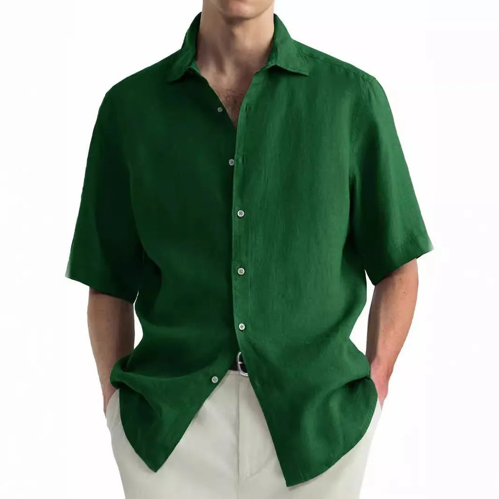 Men's green washed cotton casual cardigan-style shirt on a hanger.