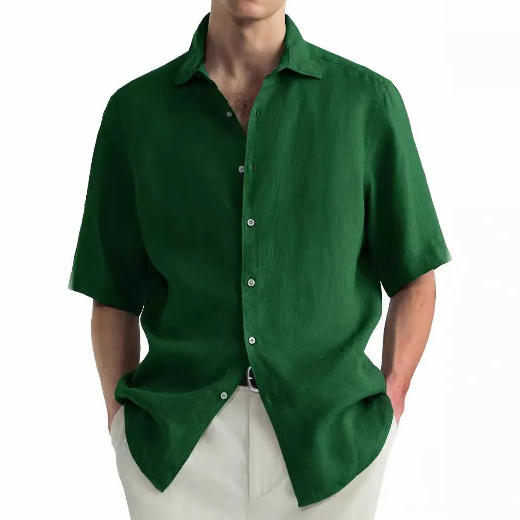 Men's green washed cotton casual cardigan-style shirt on a hanger.