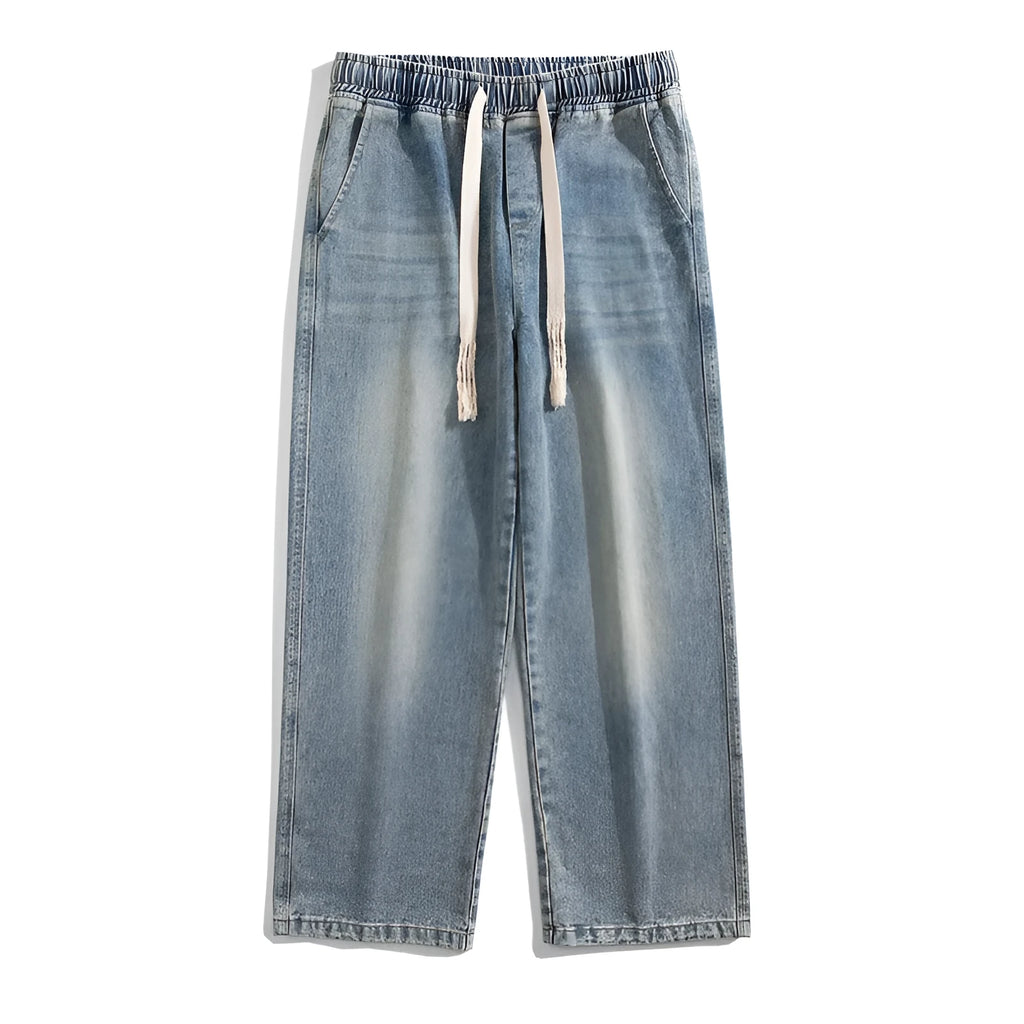 Hong Kong style retro heavy wash distressed loose fit blue jeans with fleece lining, ankle banded, size S-3XL