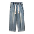 Hong Kong style retro heavy wash distressed loose fit blue jeans with fleece lining, ankle banded, size S-3XL