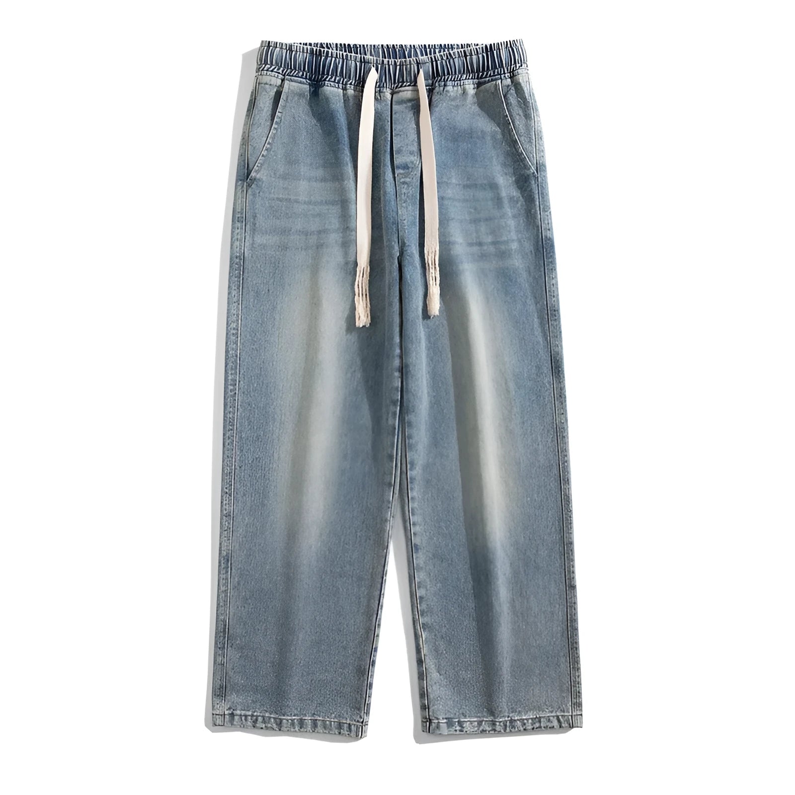 Hong Kong style retro heavy wash distressed loose fit blue jeans with fleece lining, ankle banded, size S-3XL