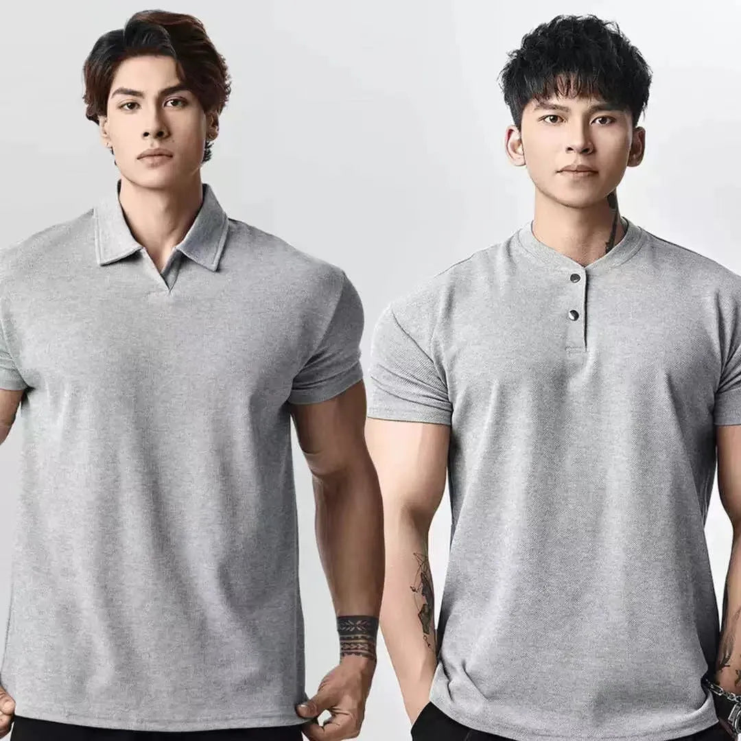 Retro men's loose fit t-shirt showing Henry collar and polo collar options in solid colours