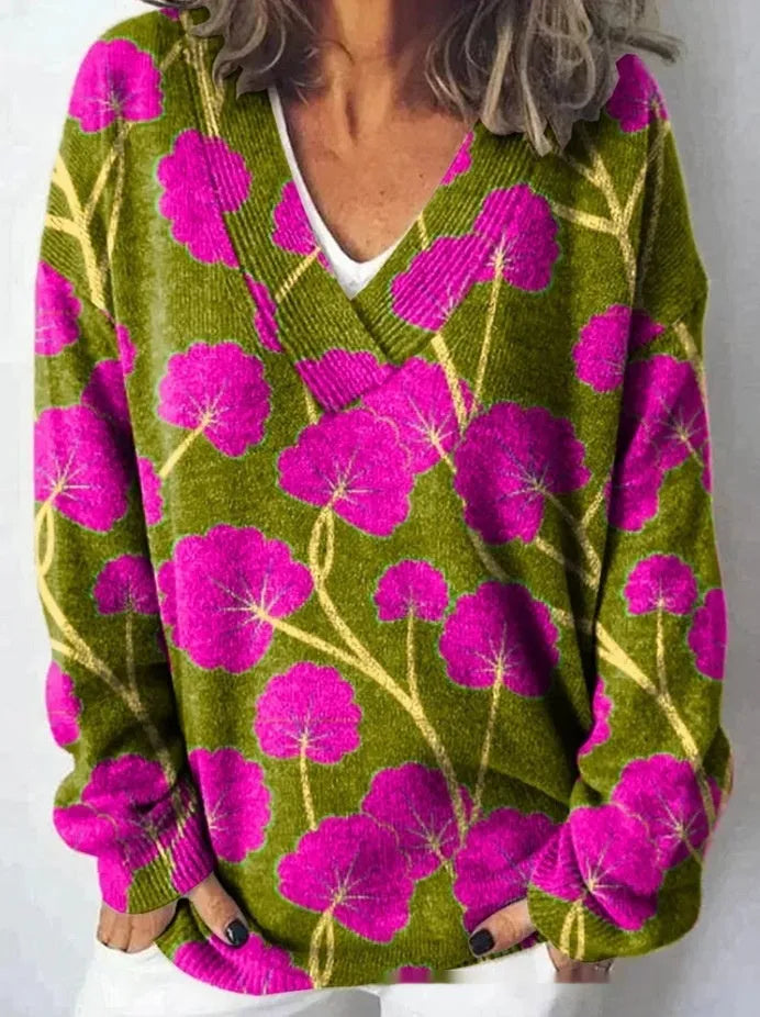 Women's V-neck sweatshirt with 3D floral pattern print in art retro style