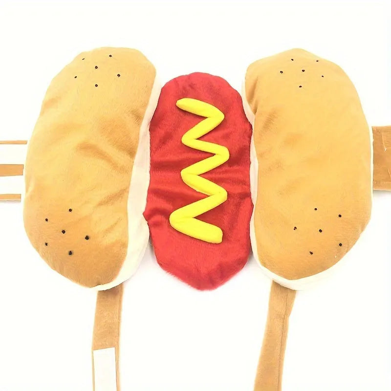 Small dog wearing red hot dog costume with adjustable belly strap