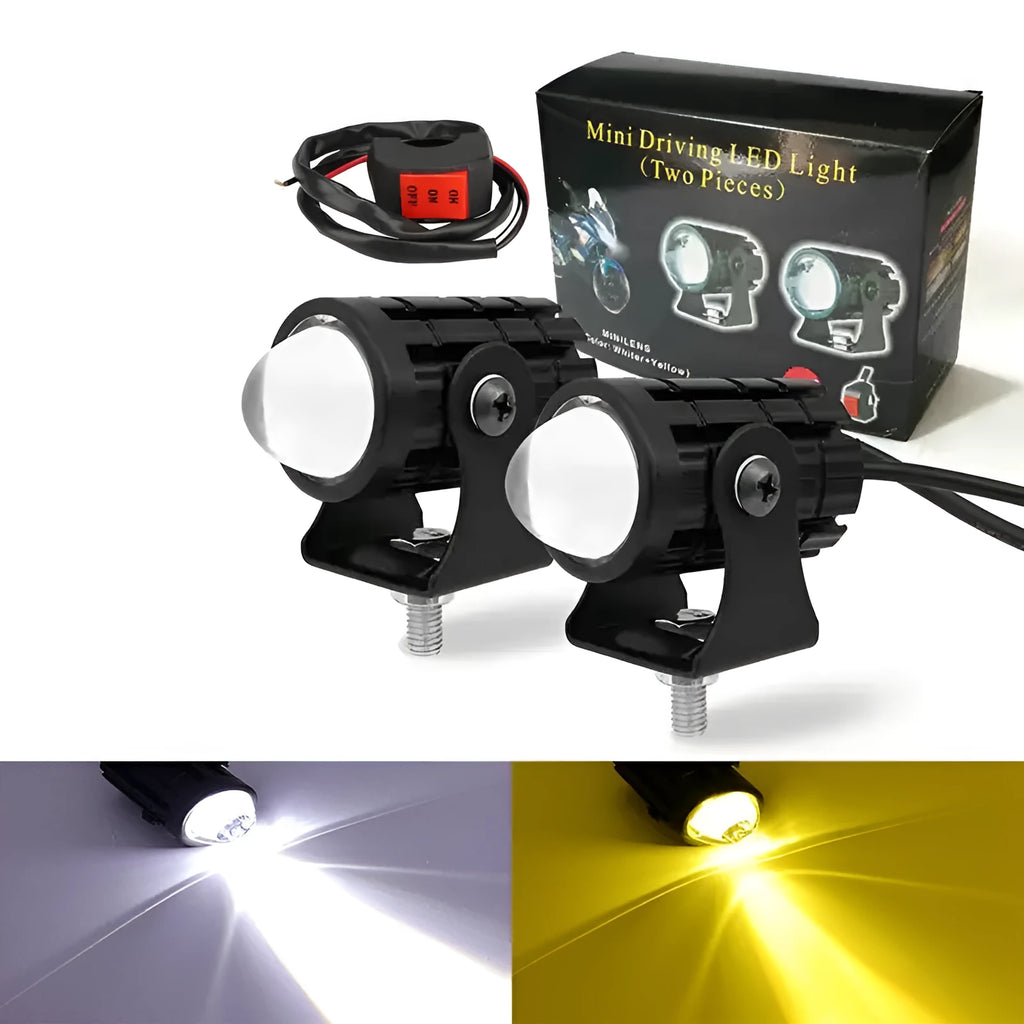 Aluminium motorcycle spotlight with dual-colour lens for 12-80V electric vehicles, showing IP68 waterproof rating.