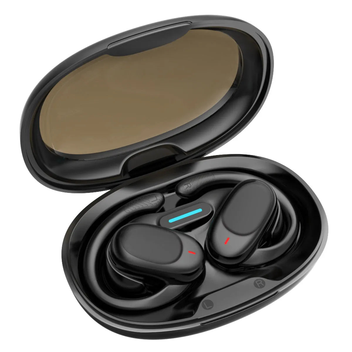 Non in-ear air conduction Bluetooth headset in black with breathing light, rotatable JM05 model on white background