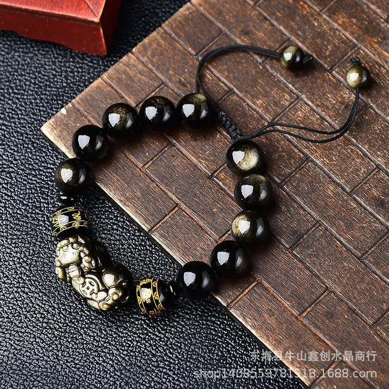 Hand-woven golden obsidian bracelet with Pi Xiu charm in 8mm, 10mm, 12mm, and 14mm bead sizes.