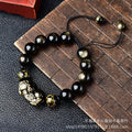 Hand-woven golden obsidian bracelet with Pi Xiu charm in 8mm, 10mm, 12mm, and 14mm bead sizes.