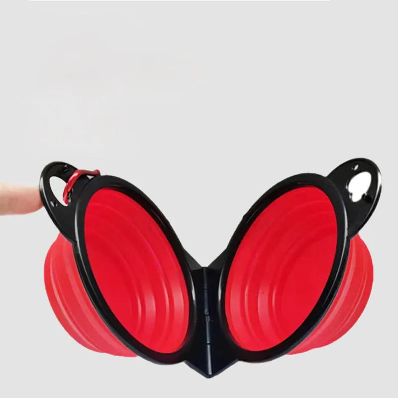 Silicone folding double pet bowl set in various colours showing unfolded feeding position