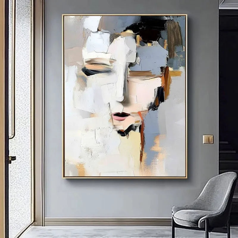 Hand-painted abstract woman portrait oil painting on canvas, modern black and white, vertical orientation