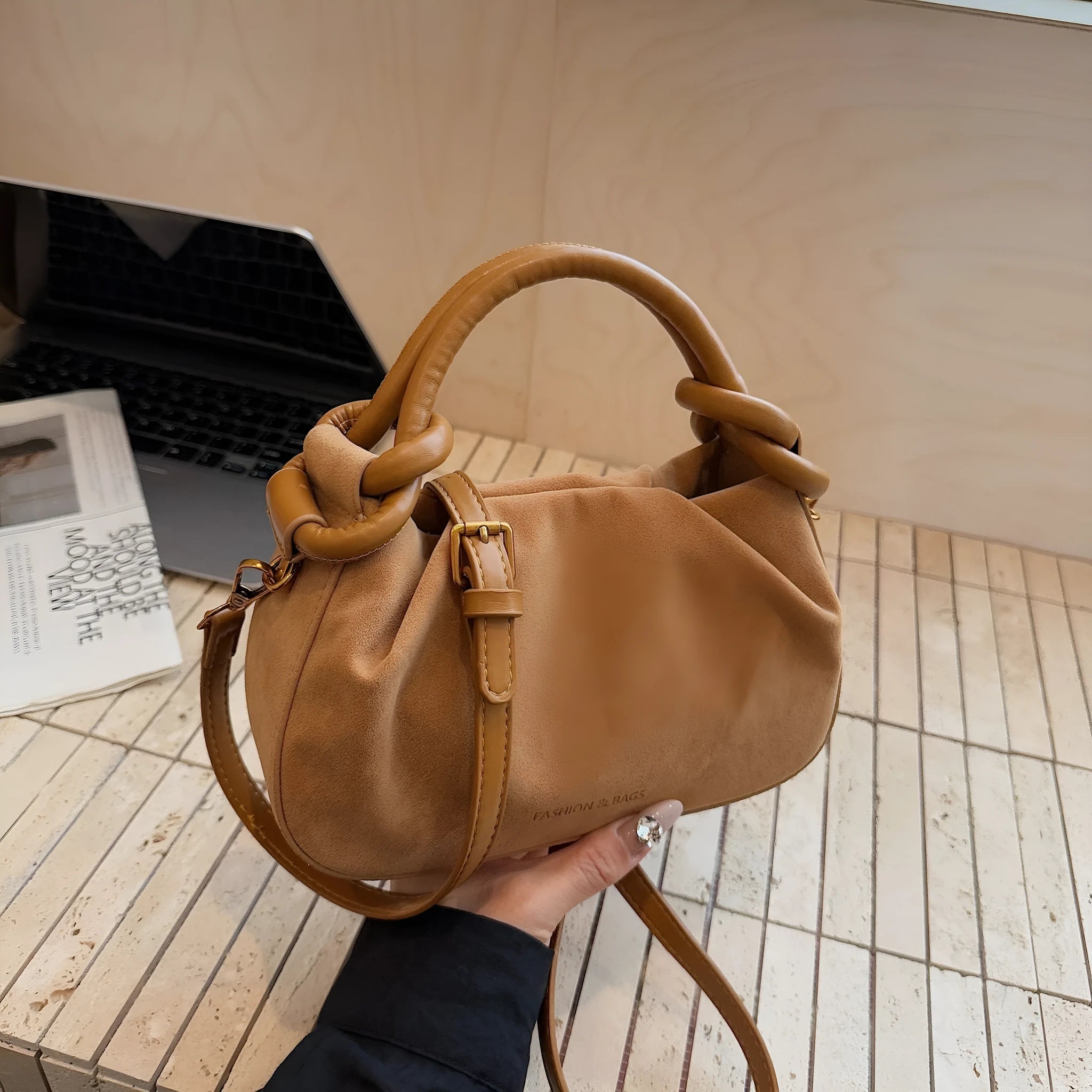 Trendy retro Korean style women's PU flap bag with letter stitching in black, horizontal square shape