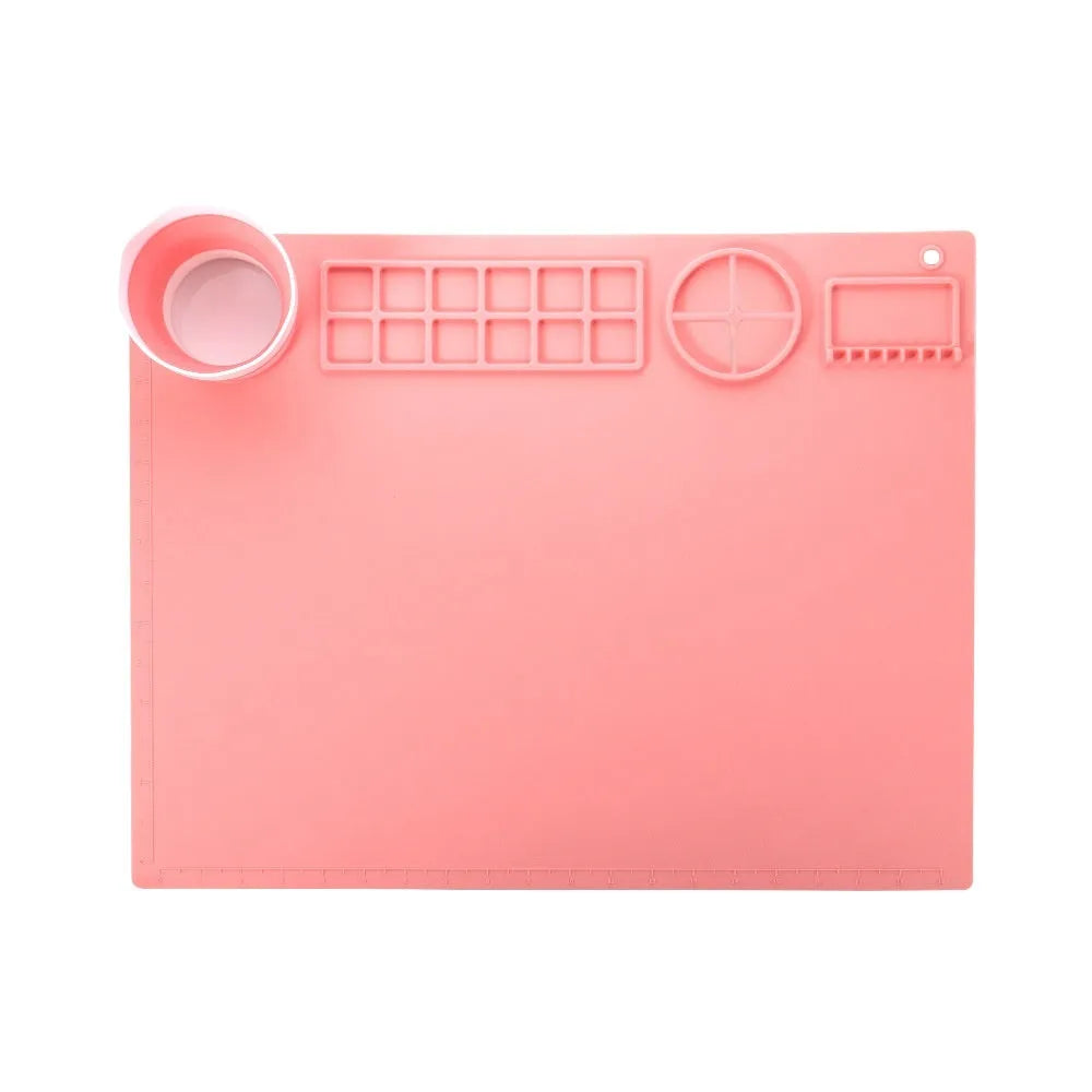 Silicone double bowl painting mat in green, measuring 50cm by 40cm, for watercolour and graffiti art.