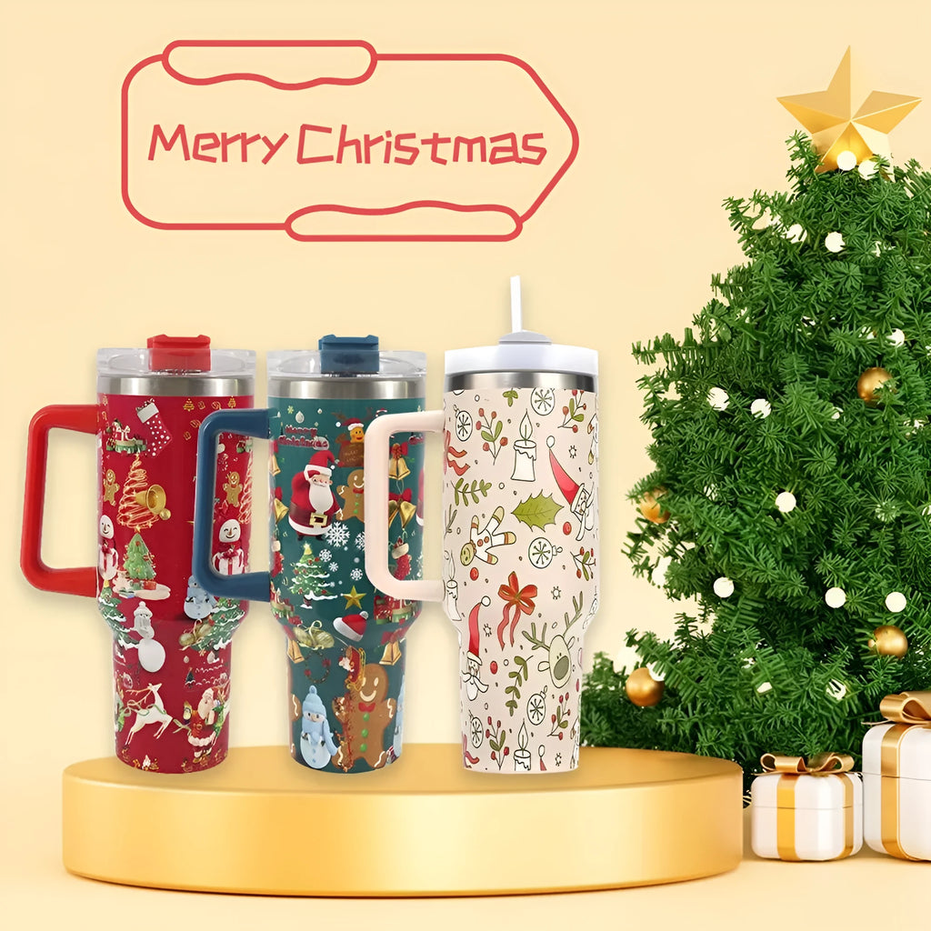 Stainless steel Christmas pattern travel tumbler with handle and straw lid, 1200ml capacity