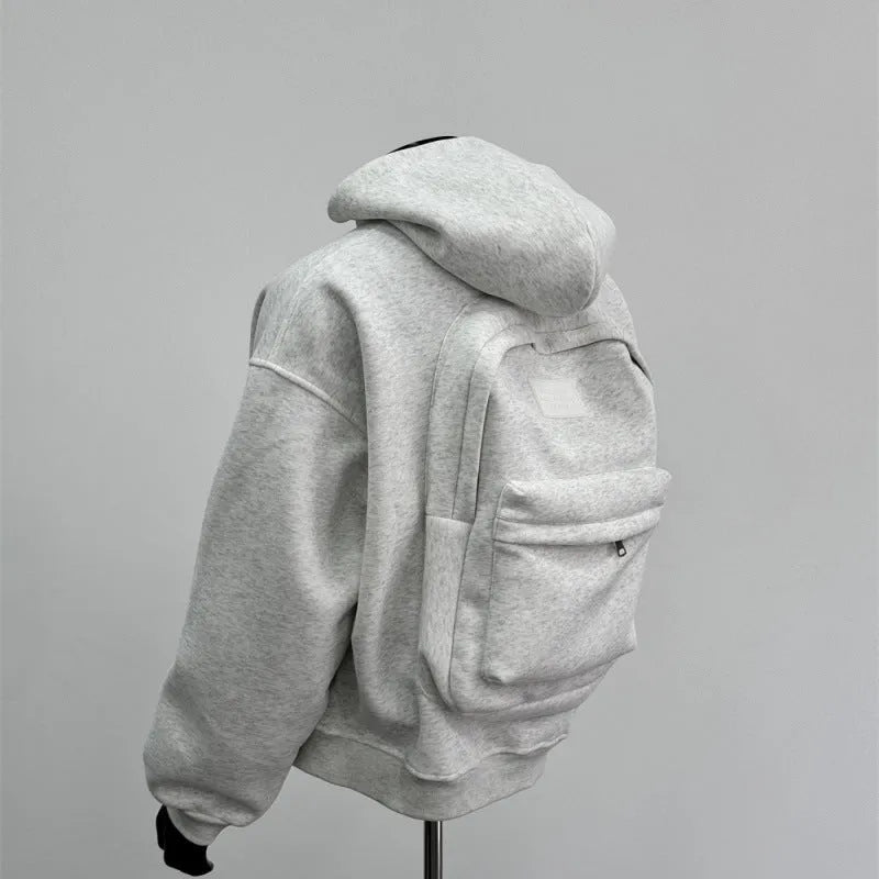 Men's schoolbag design hoodie jacket in light grey or black colours with Asian sizing options