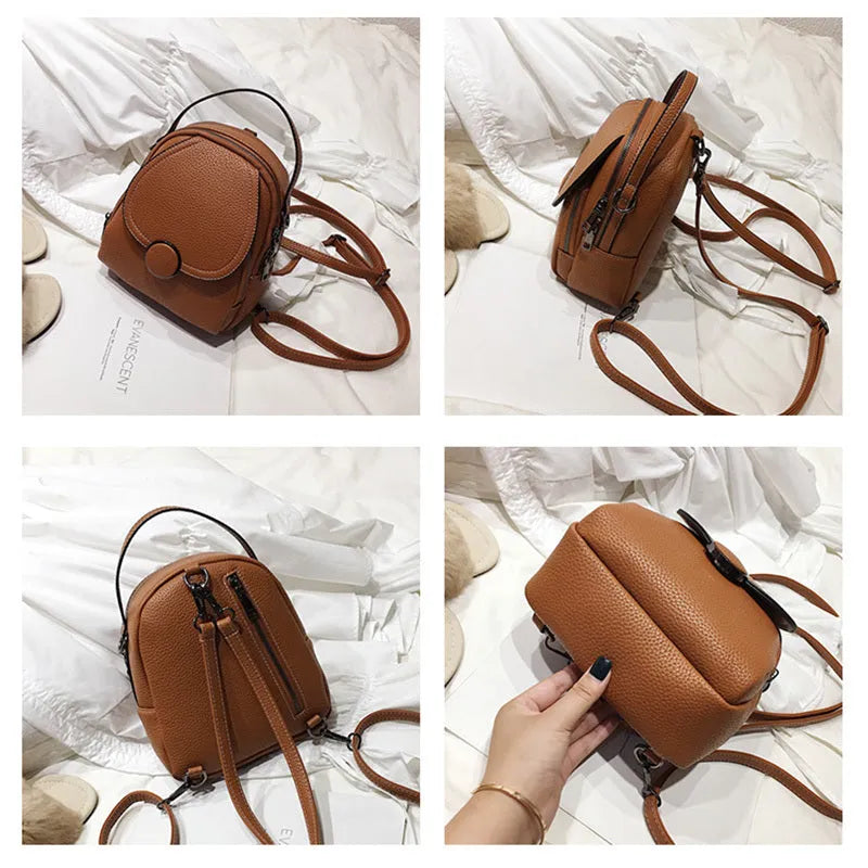 Fashion mini backpack in PU leather, compact 20x23x8 cm size, available in black and brown, with soft handle and zippered interior