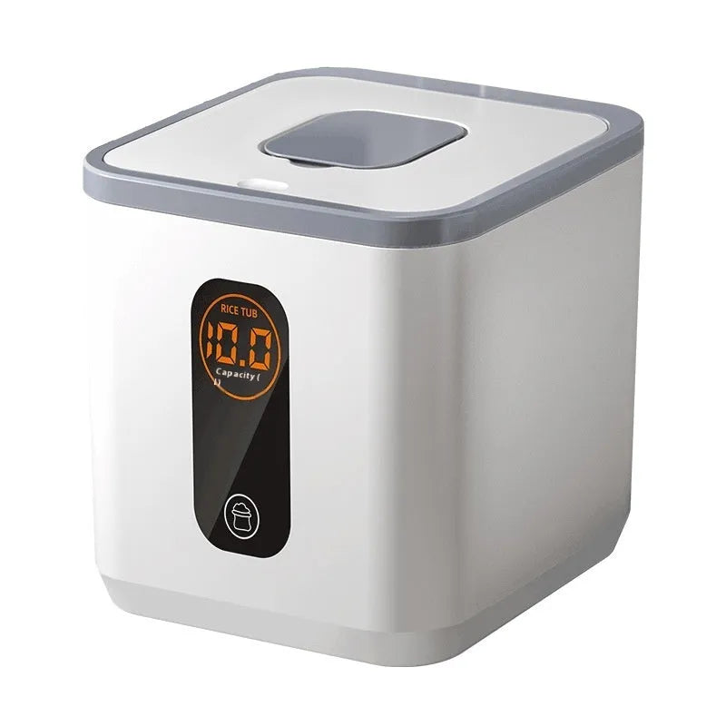 Grey plastic insect-proof and moisture-proof sealed rice storage container with a free measuring cup.