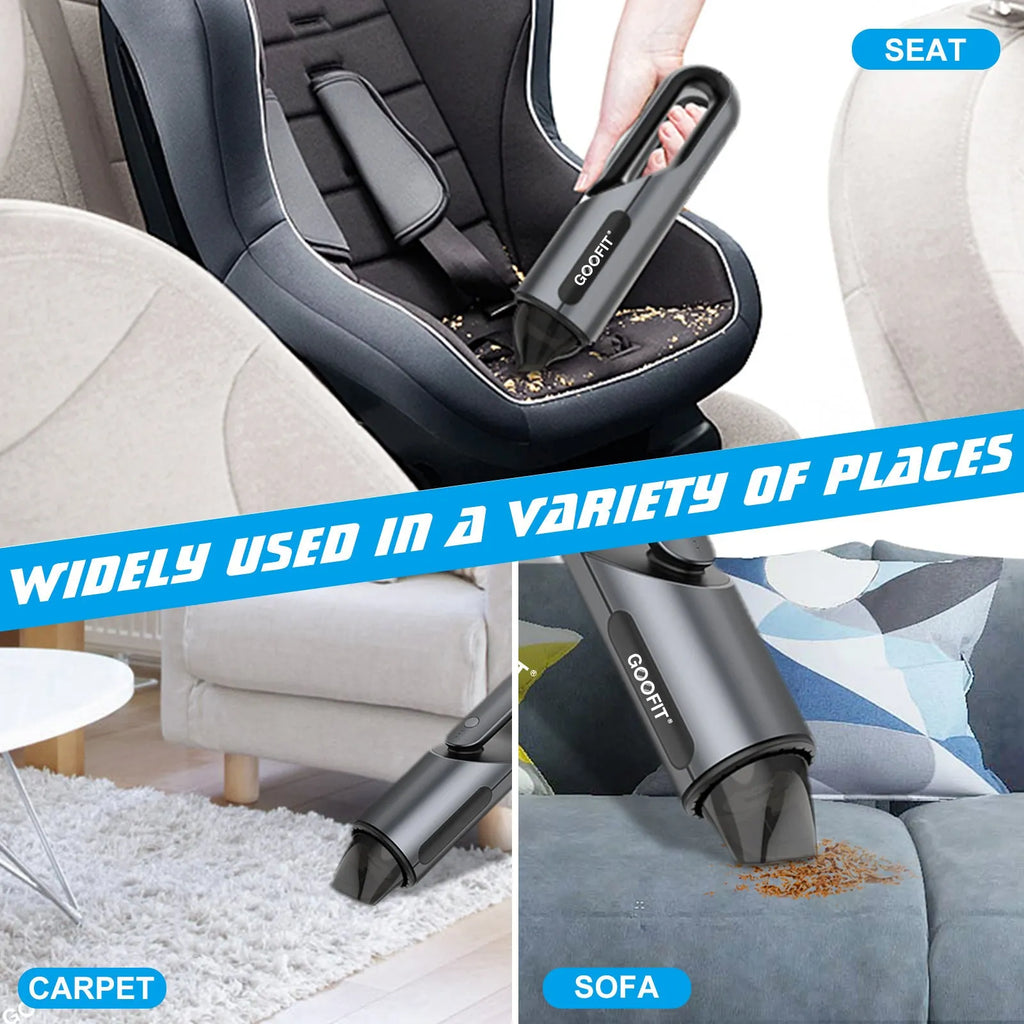 Black portable wireless handheld car vacuum cleaner with brush and flat attachments for vehicle interiors