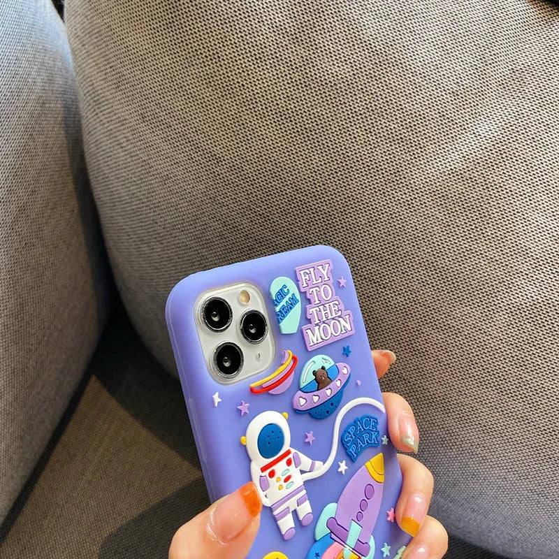Purple silicone iPhone case with cartoon astronaut design for iPhone 11, XR and XS Max models