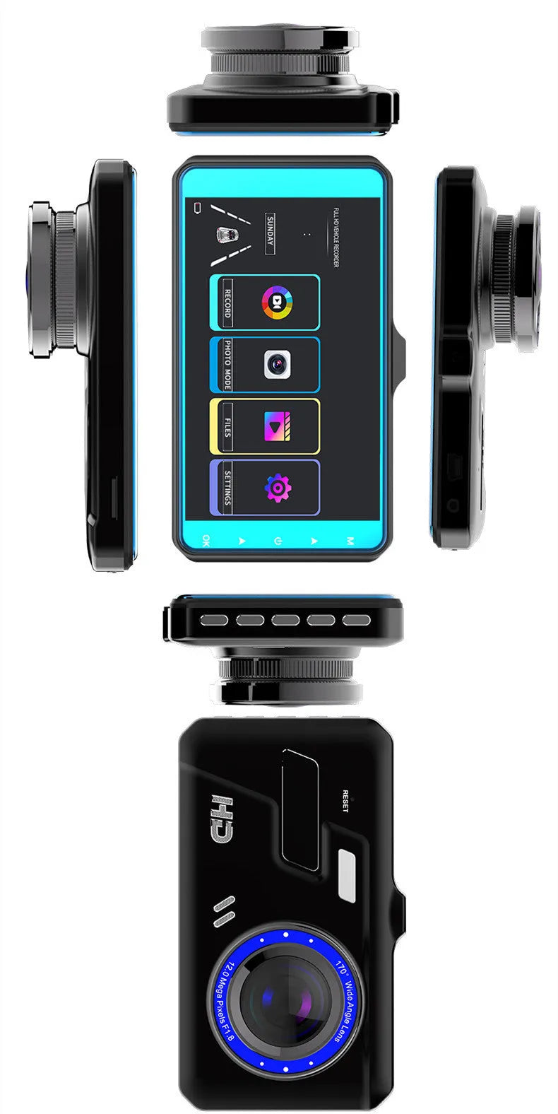 Black touch screen car recorder with front and rear cameras showing 4 inch display