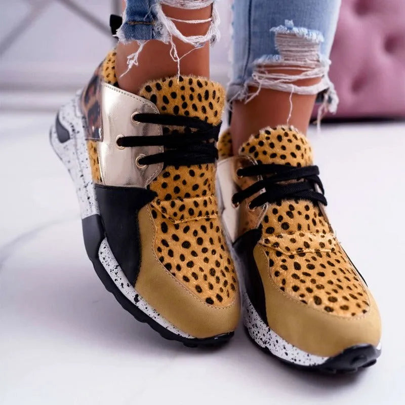 Women's casual sneakers with wedge heel in leopard print, suede upper, and plastic sole