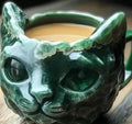 Purple geode resin mug with a crystal cat sculpture inside, showing dimensions.